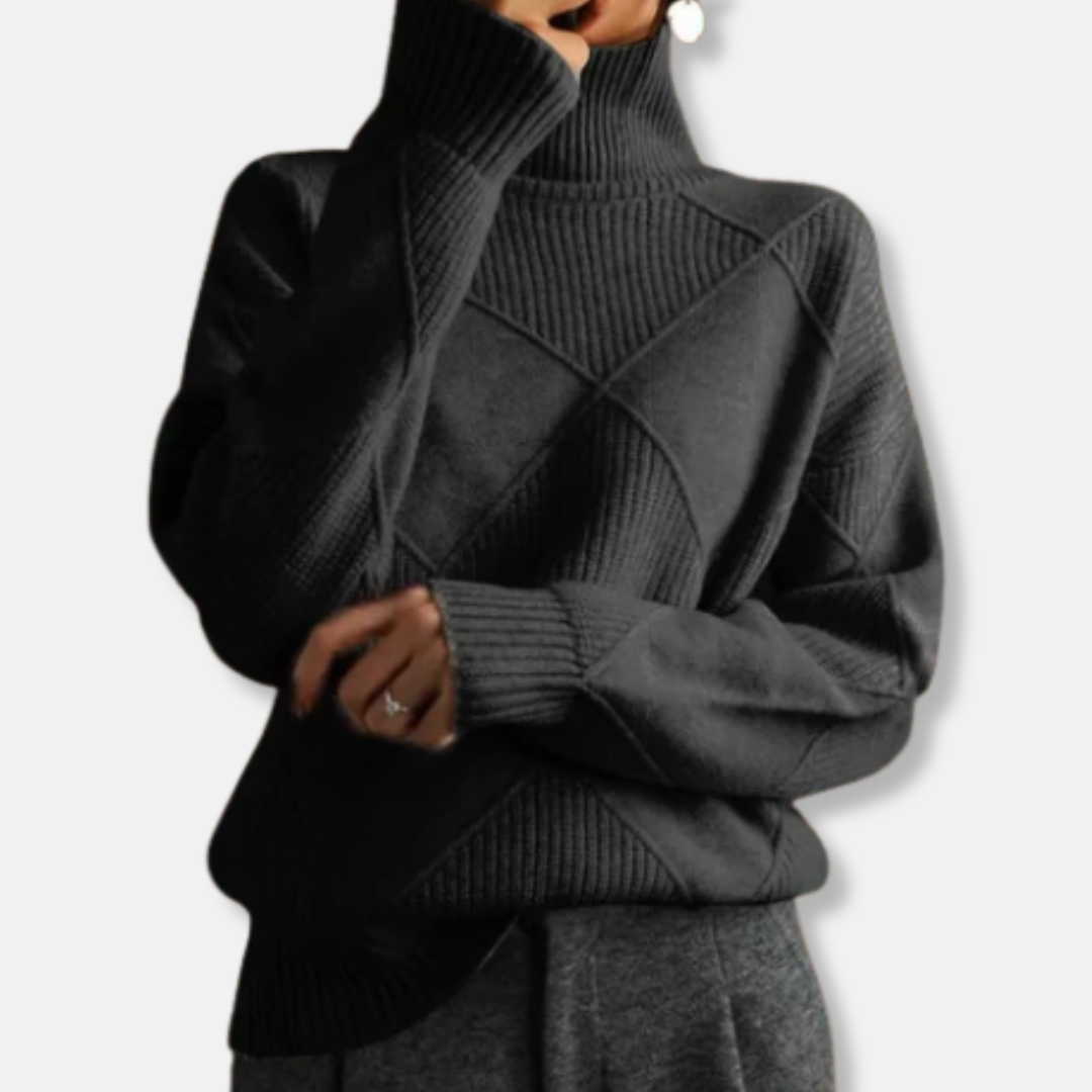 Women's relaxed fit turtleneck sweater with ribbed diamond knit texture for effortless casual wear