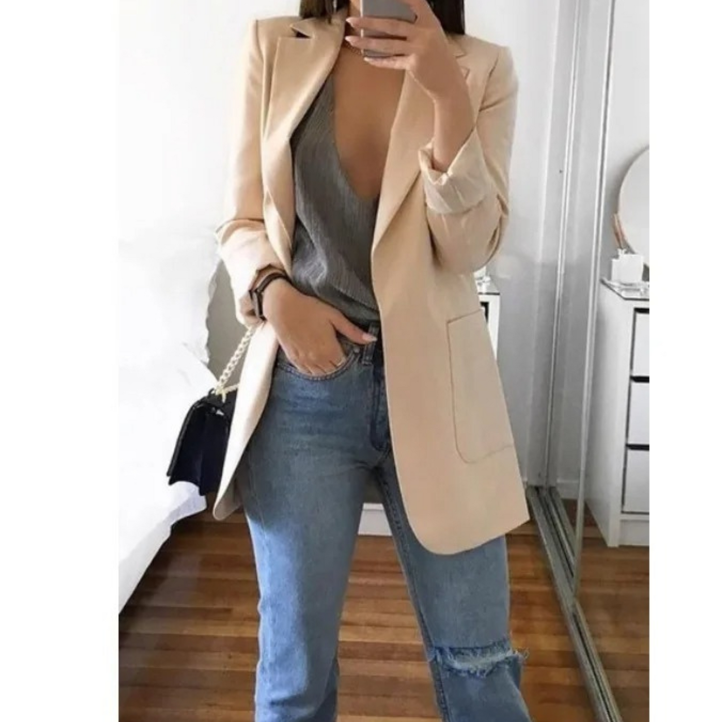 Women's long khaki blazer tailored fit elegant office style refined silhouette all-day comfort