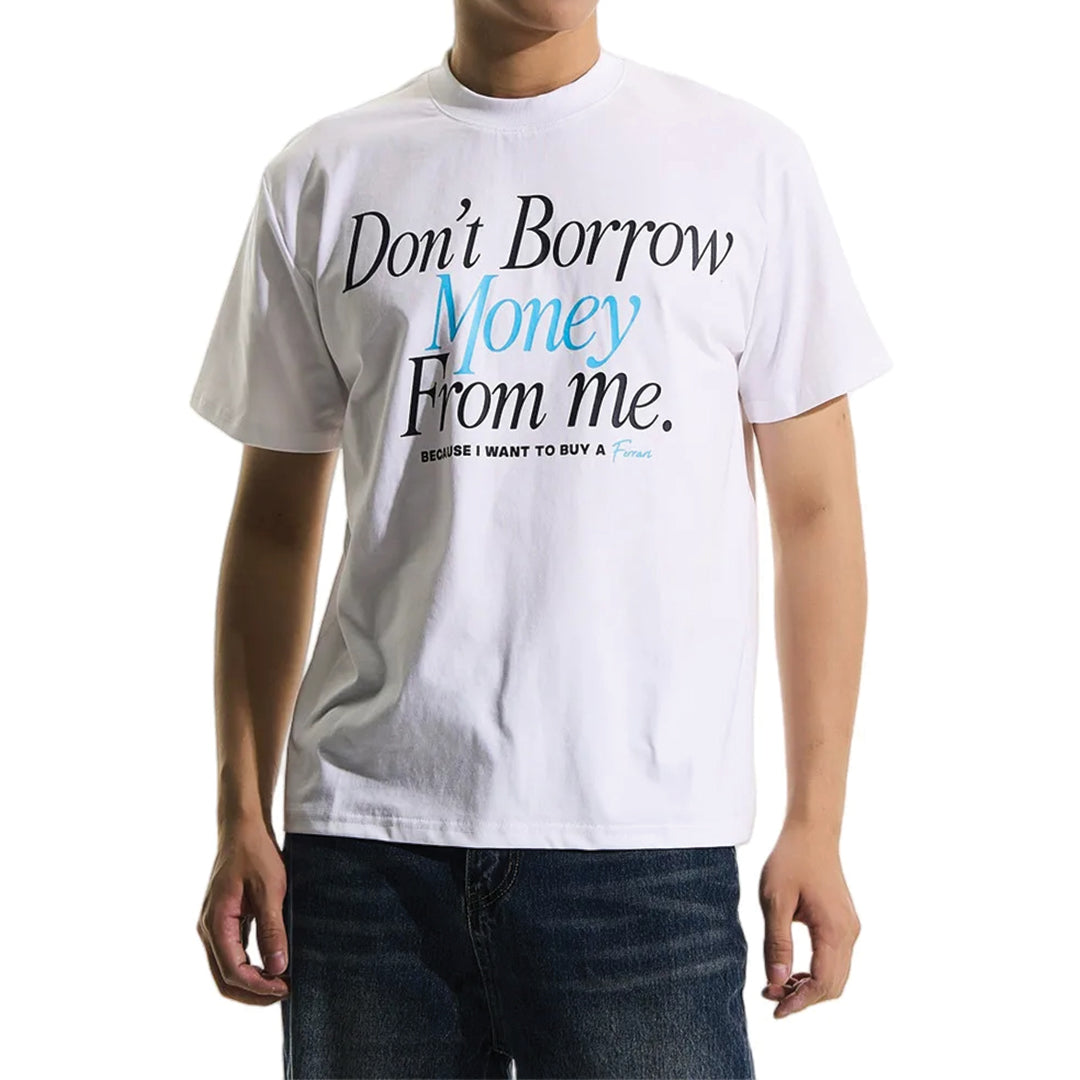 White Ferrari Fund crew neck graphic tee, premium cotton wit-forward print, clean-cut everyday men's style