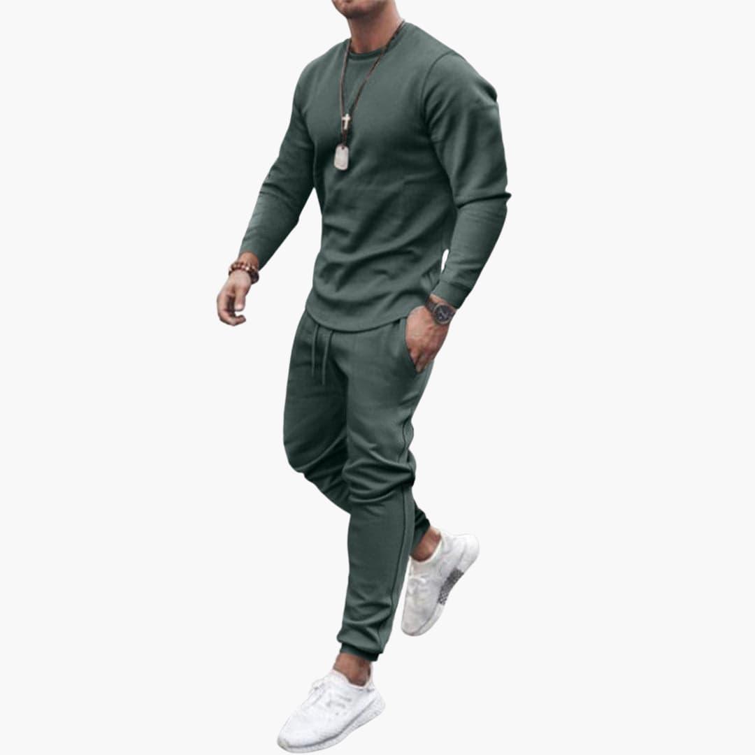Men's two-piece gray long-sleeve top and straight-leg pants set with round neckline and side pockets