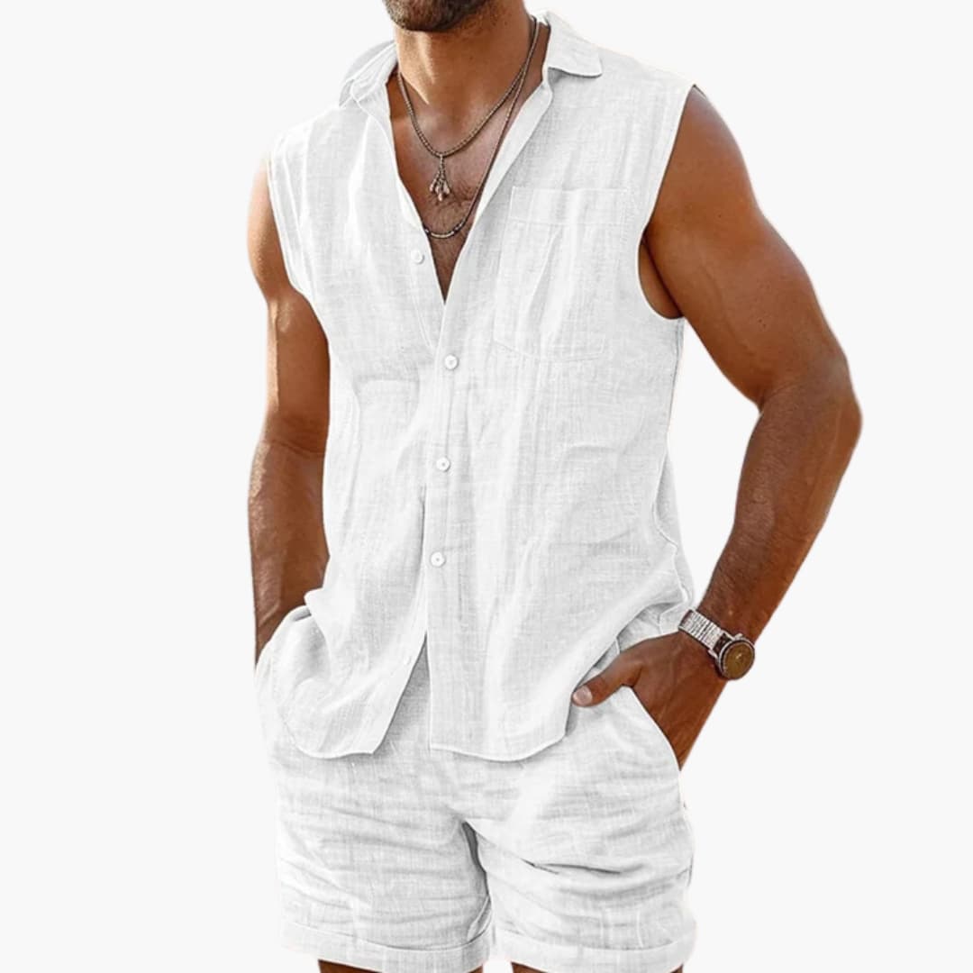 Men's sleeveless shirt and shorts set, lightweight polyester relaxed fit with button placket, summer casual
