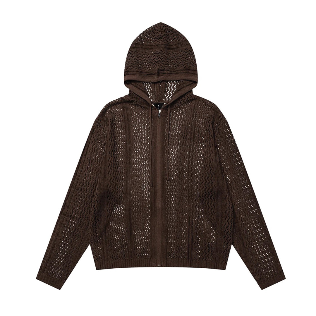 Beige open weave cotton knit full zip hoodie relaxed fit with hollow framework construction for streetwear