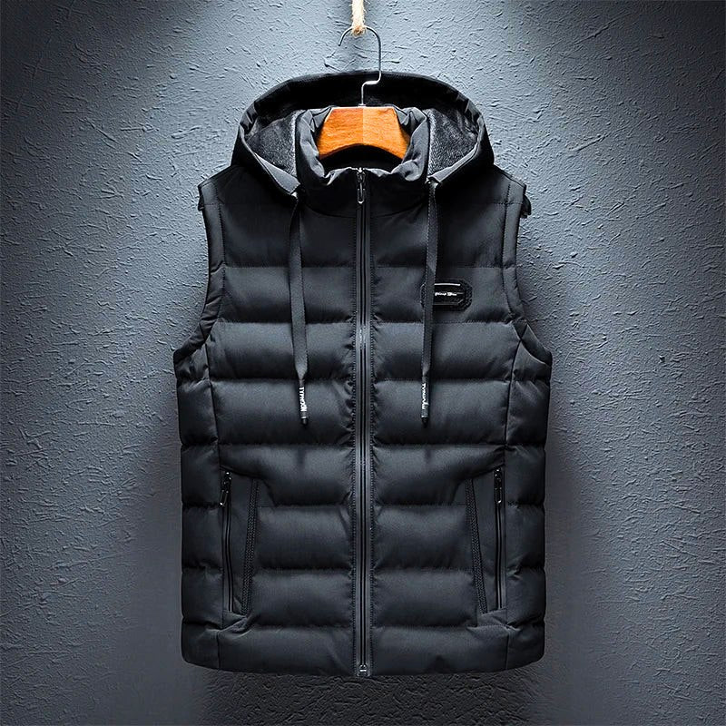 Hooded cotton padded vest in neutral tone, slim fit with full-length zip and zippered pockets