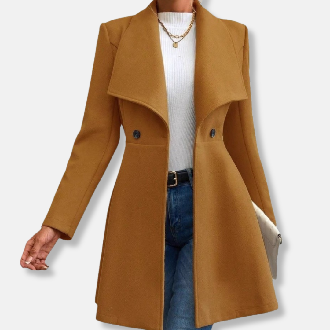 Women's dark wool tailored coat double-breasted mid-thigh A-line silhouette elegant classic fit