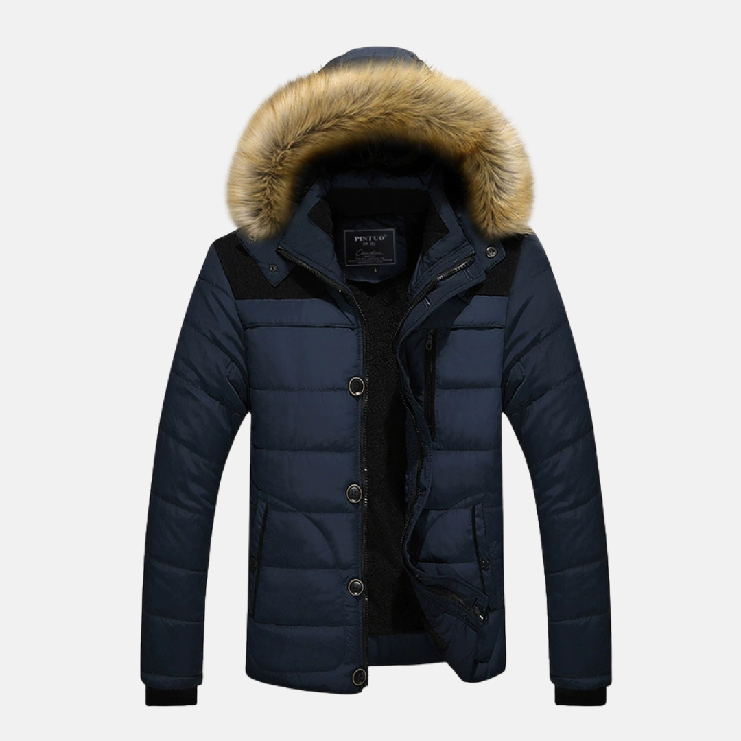 Men's slim fit hip-length puffer jacket with detachable faux fur hood, minimalist winter style