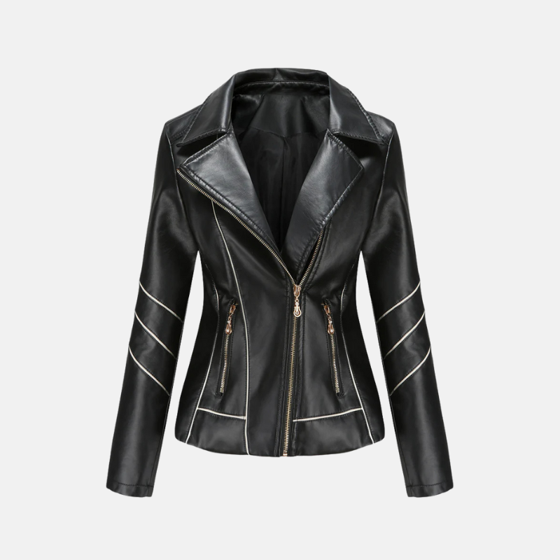 Women's black cropped slim fit faux leather moto jacket with asymmetric zip and quilted sleeves