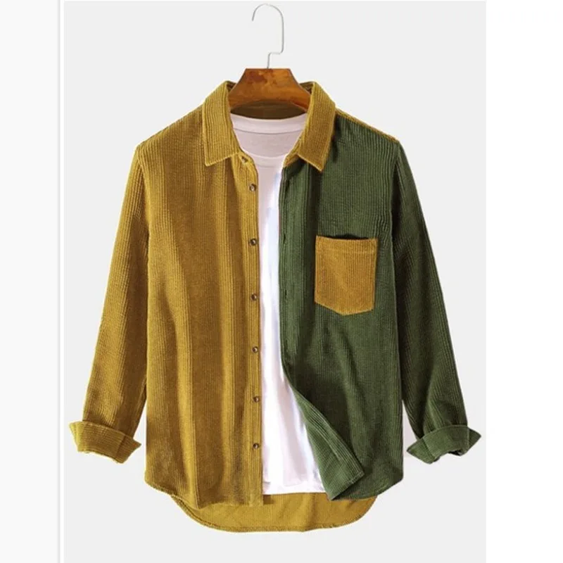 Men's two-tone color block corduroy button-up shirt relaxed fit with soft textured fabric
