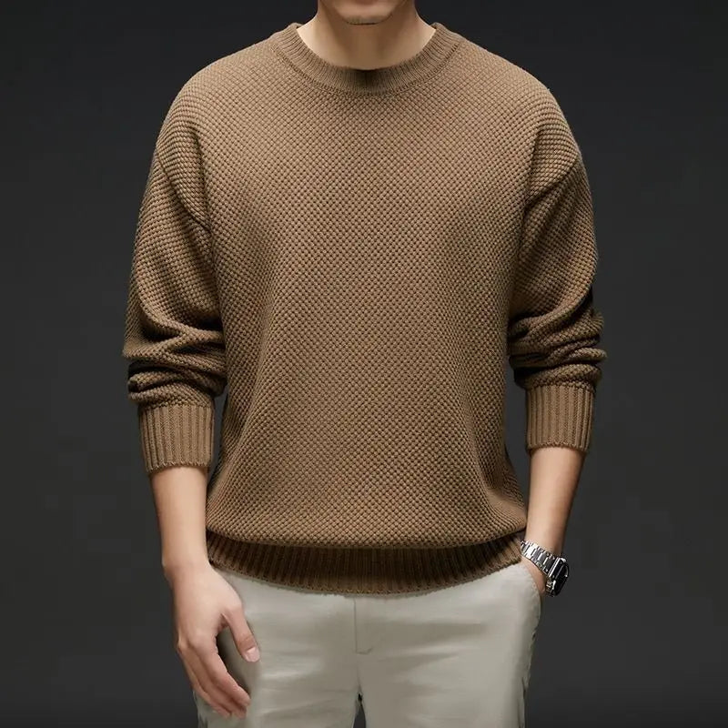 Unisex waffle knit crewneck sweater cotton blend midweight textured pattern everyday essential