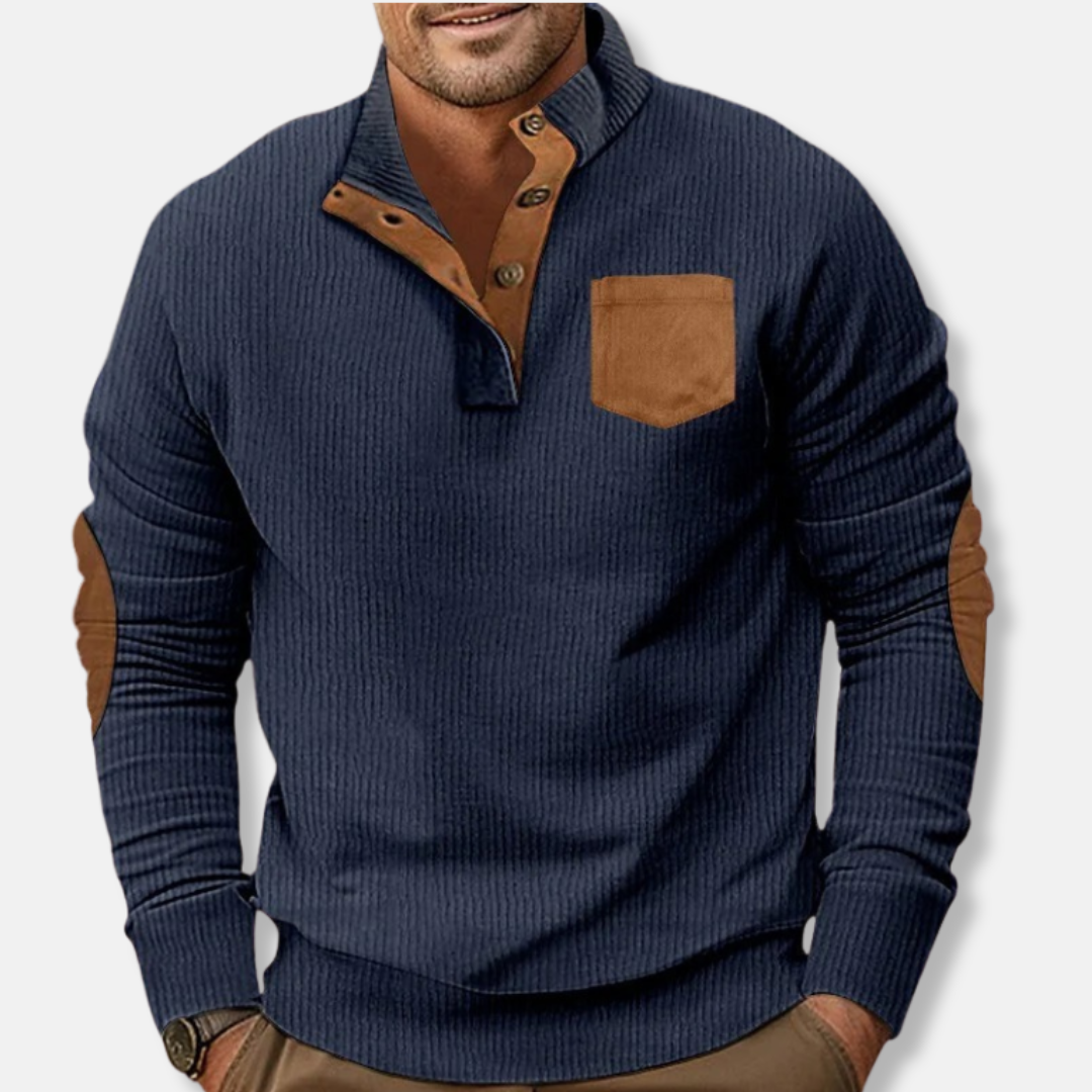 Men's ribbed knit sweatshirt stand collar contrast elbow patches casual everyday style