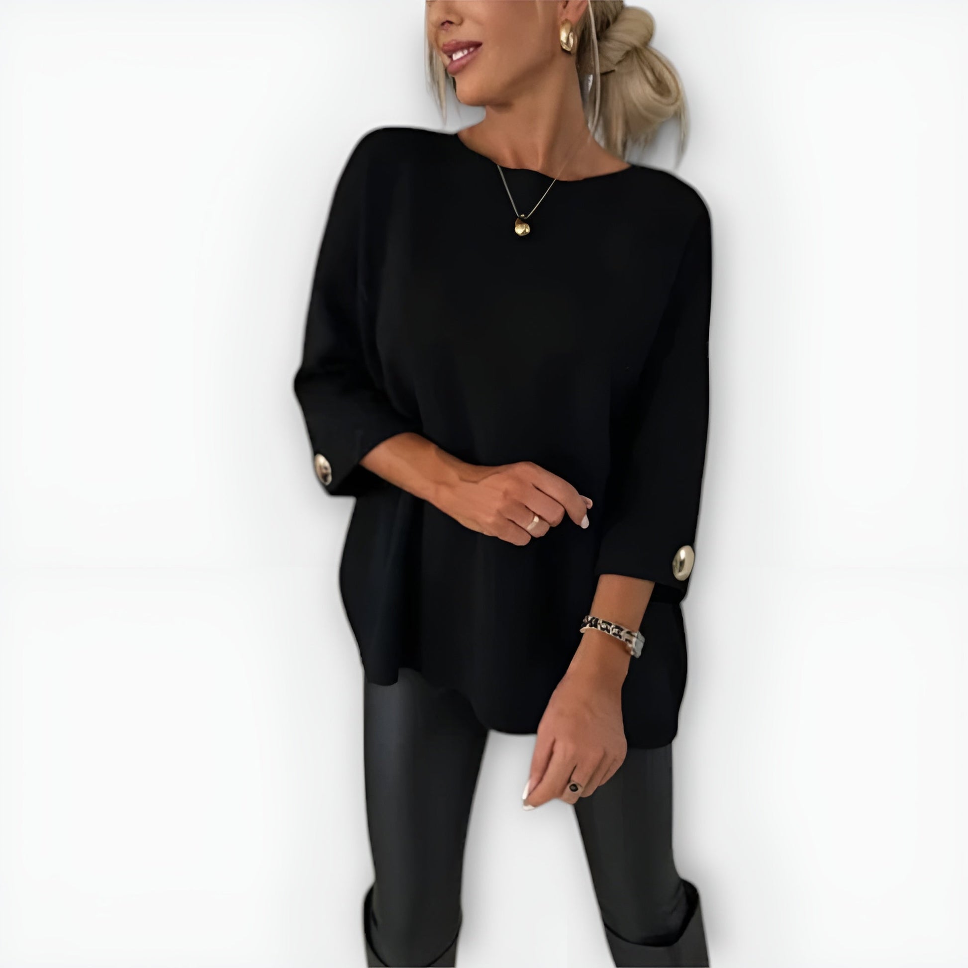 Women's oversized cream knit sweater relaxed fit fluid drape with button accent sleeves