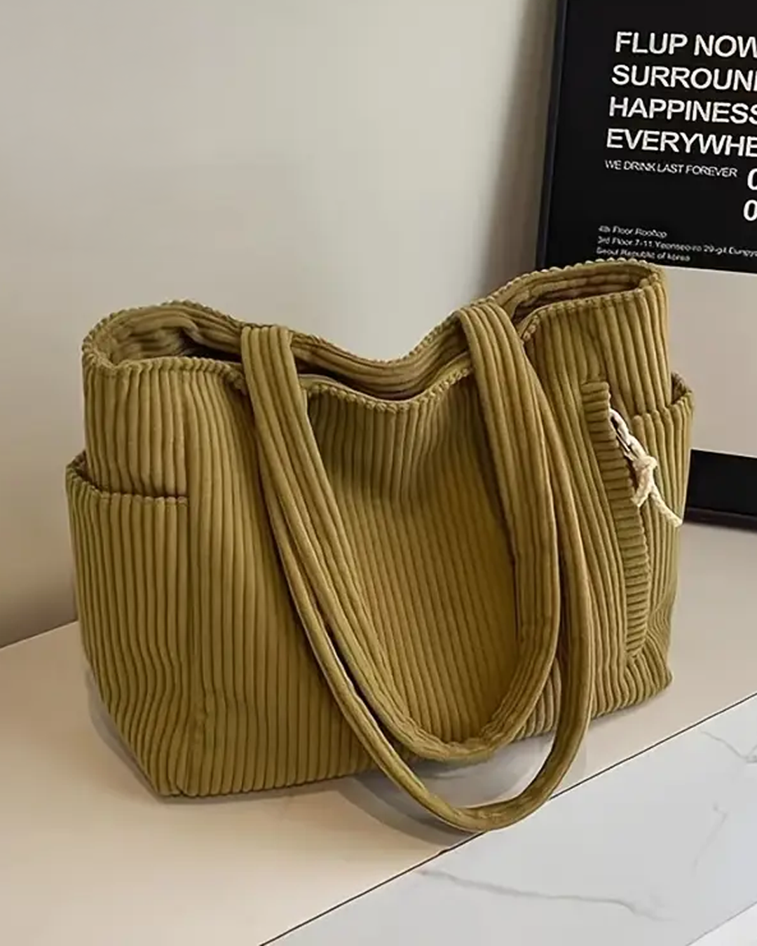 Aubrey women's corduroy tote bag soft ribbed texture roomy interior with side pocket