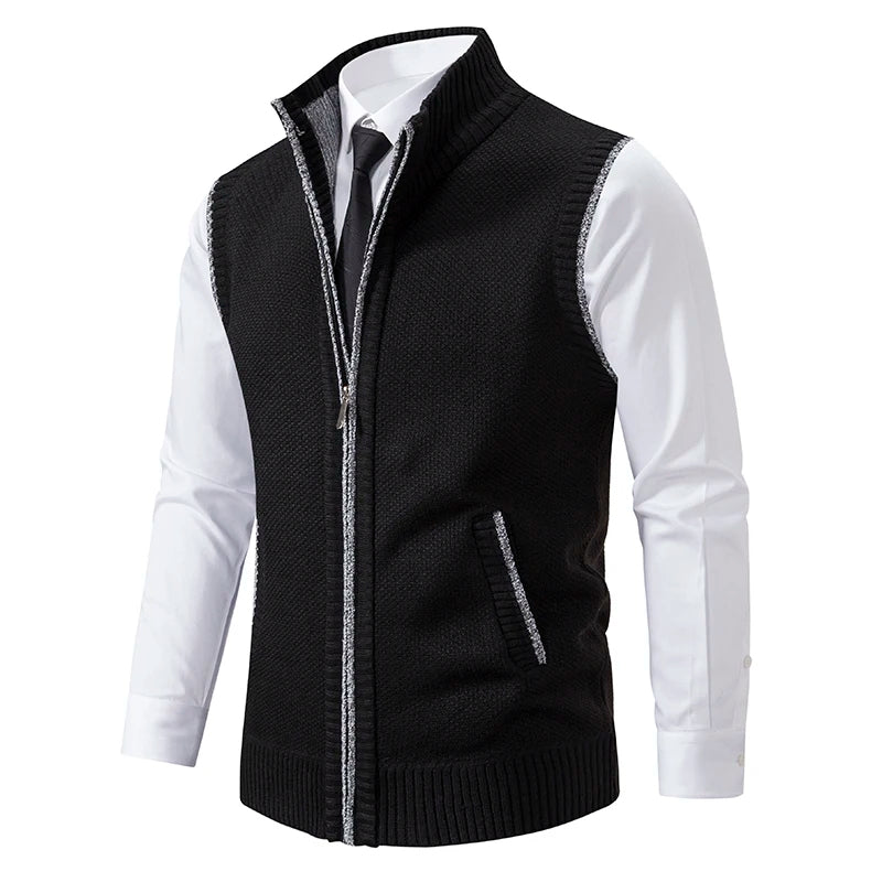 Men's wool full-zip vest with plaid lining, lightweight smart-casual layering piece in classic cut