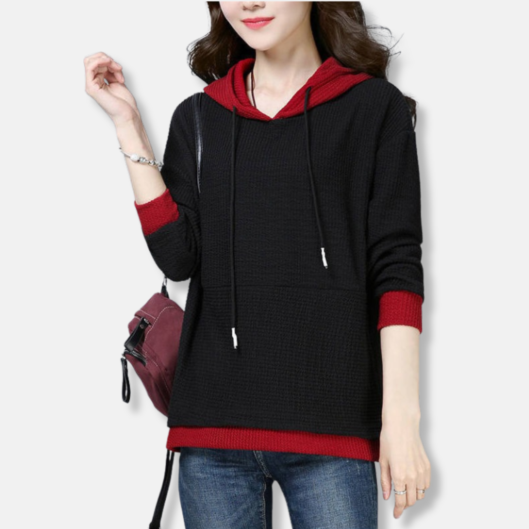 Women's loose-fit knit hooded sweatshirt tunic length adjustable hood textured fabric casual style
