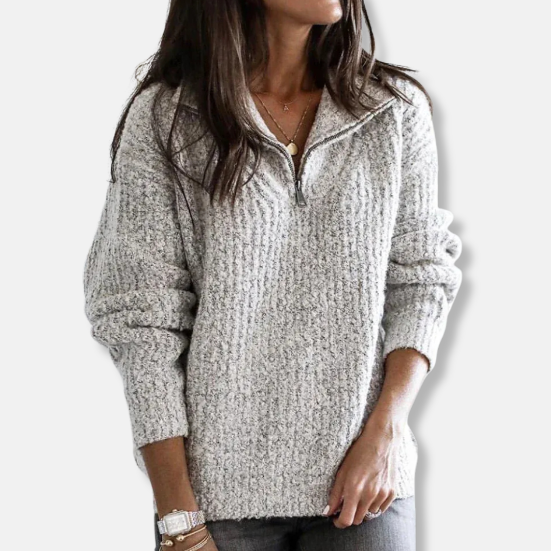 Women's chunky knit half-zip sweater relaxed fit soft wool blend cozy neutral fall winter pullover