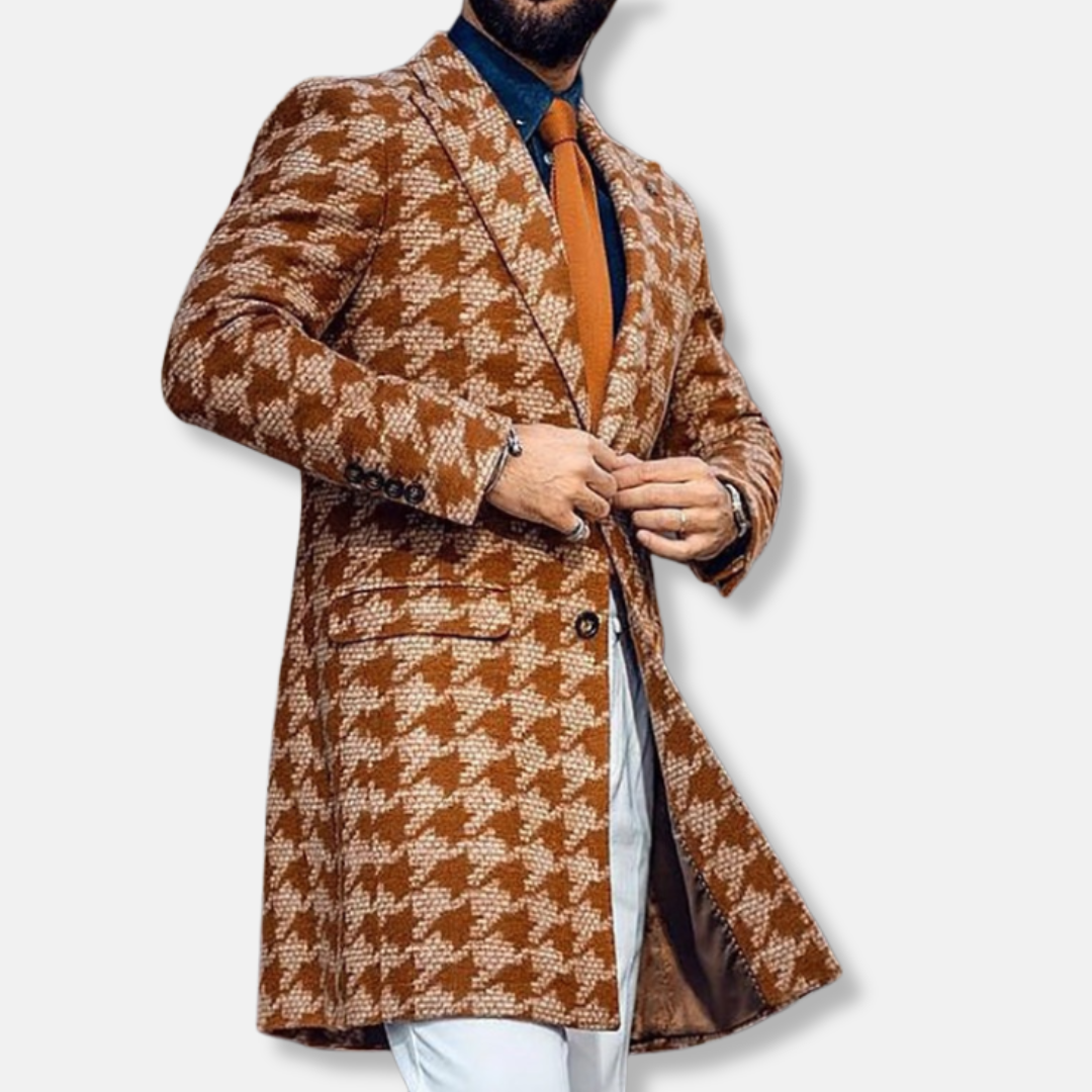Men's wool blend trench coat tailored fit notch lapel with subtle geometric pattern texture