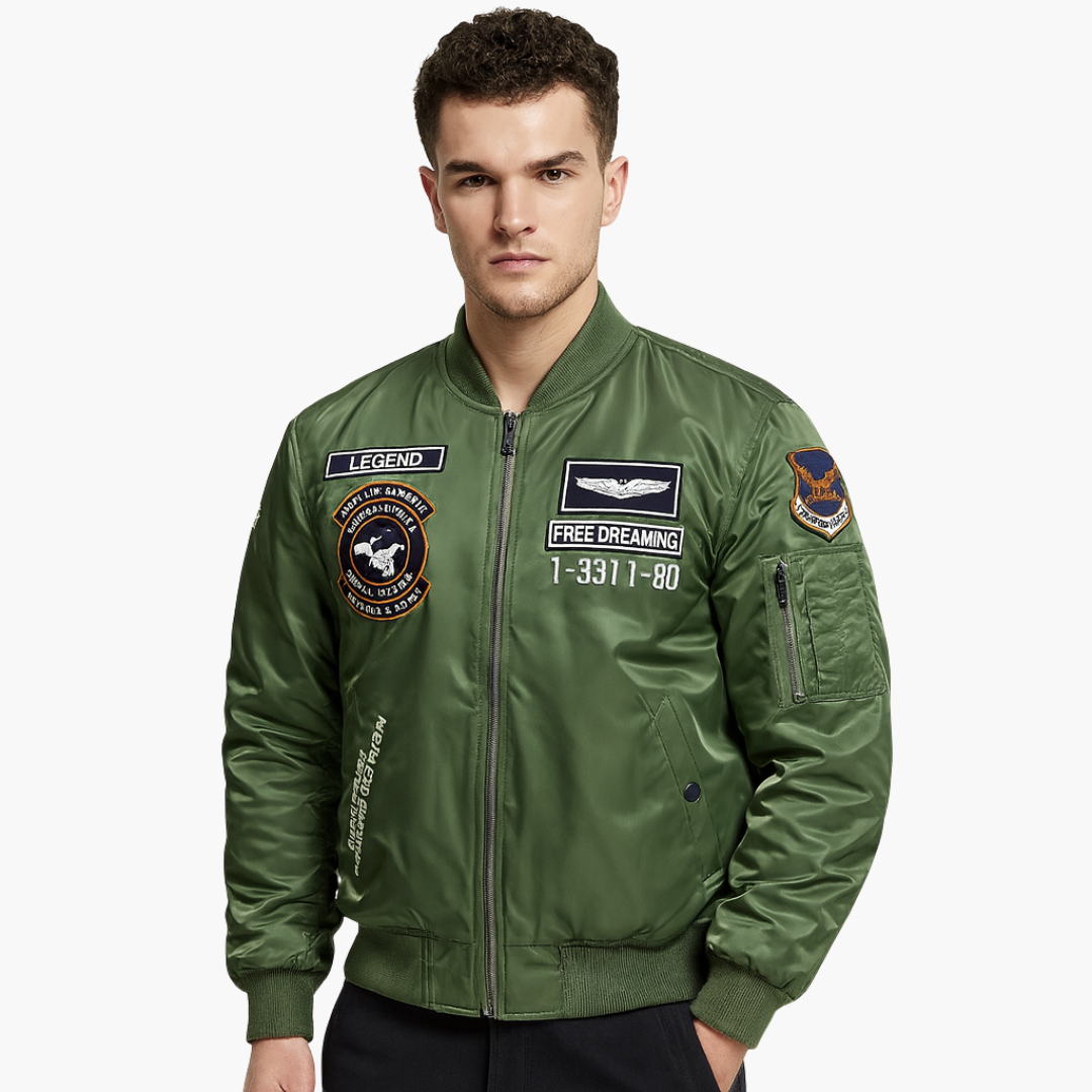 Men's black pilot bomber jacket with embroidery, ribbed cuffs and collar, classic flight style