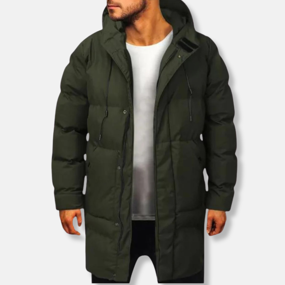 Men's insulated hooded puffer jacket mid-thigh length regular fit cold weather longline silhouette