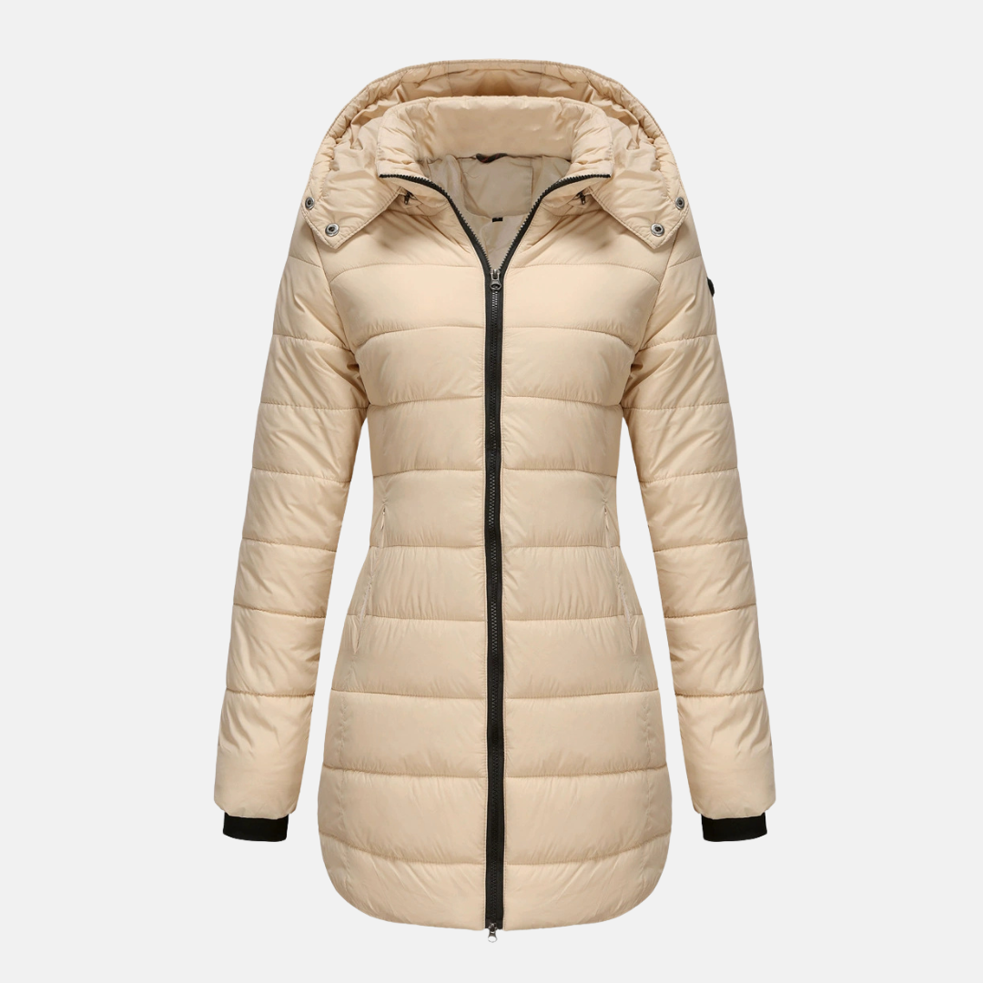 Women's mid-length quilted puffer jacket with detachable hood and ribbed cuffs for cozy winter warmth