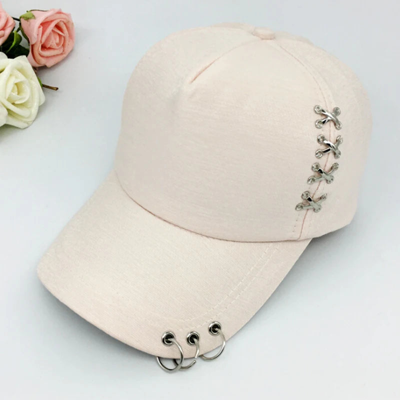 Unisex black structured cotton cap with stainless steel lace-up hardware and triple front ring detail