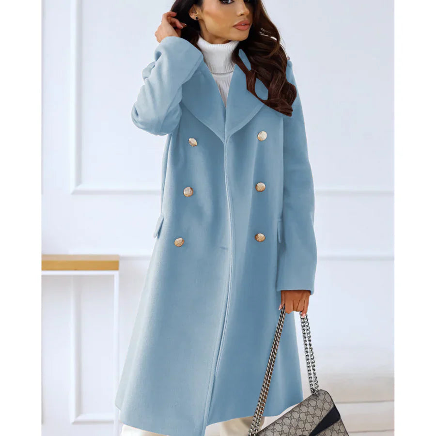 Women's long tailored coat double-breasted buttons wide lapels chic timeless silhouette