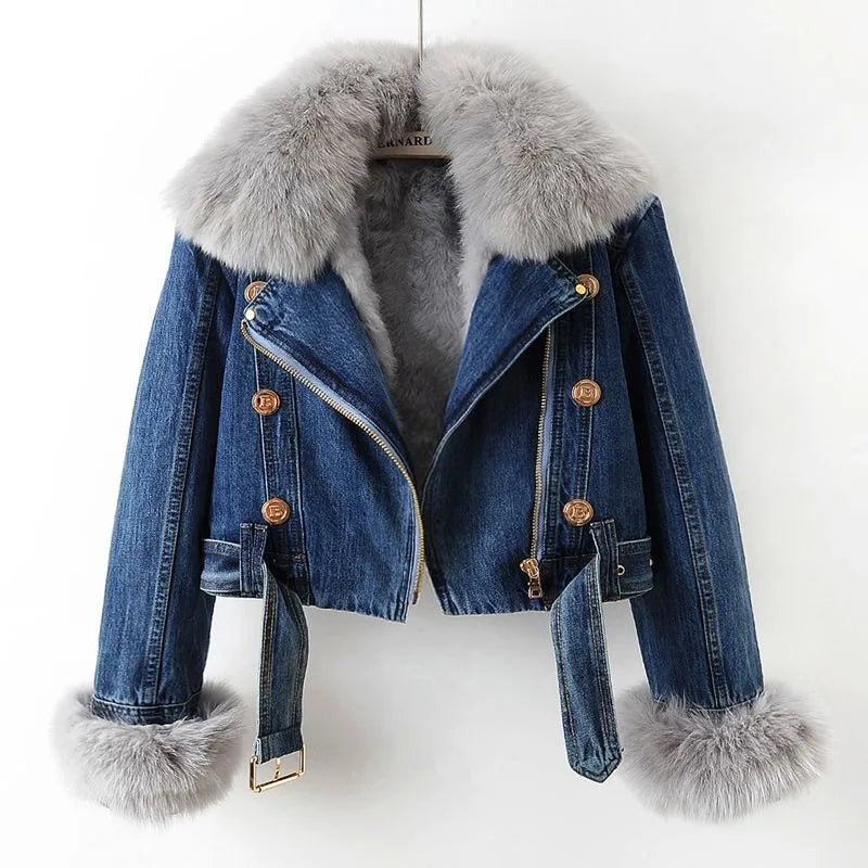 Women's denim moto jacket with removable faux fur collar and cuffs, cozy luxe biker silhouette