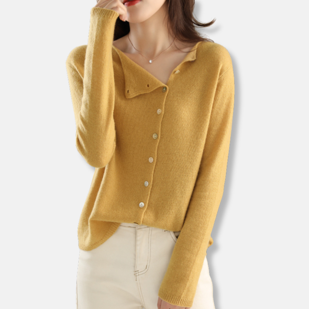 Women's relaxed-fit knit cardigan with asymmetrical neckline and ribbed cuffs, everyday elegant style
