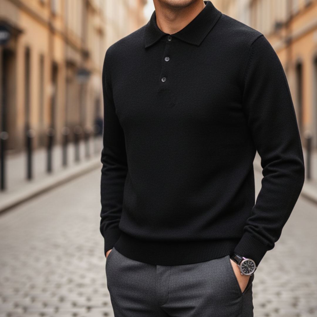 Men's long sleeve polo shirt premium knit three-button collar classic fit casual formal
