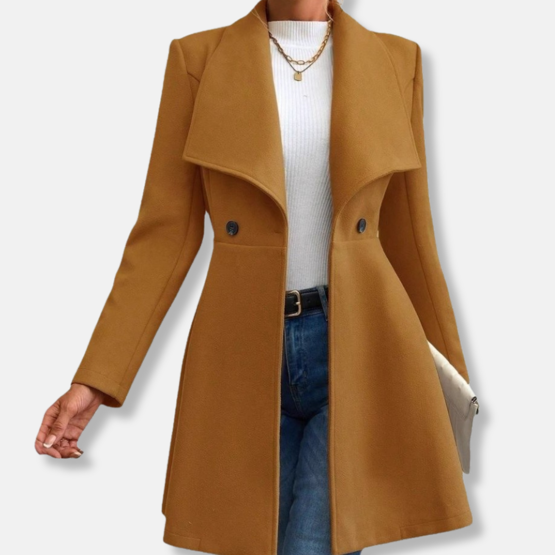 Women's tailored wool-feel mid-thigh jacket with lapel collar and button-up front closure
