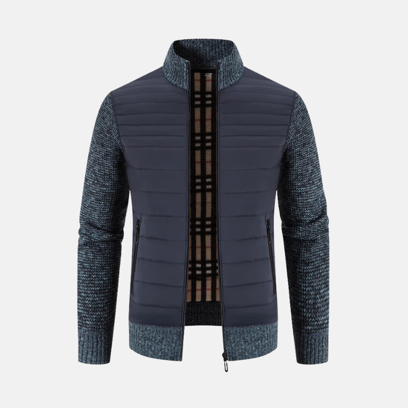 Men's slim fit hybrid padded jacket, quilted torso with ribbed knit sleeves, sleek urban style