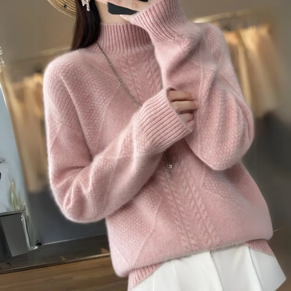 Women's contoured turtleneck sweater soft textured knit with patchwork detail and plush high neck