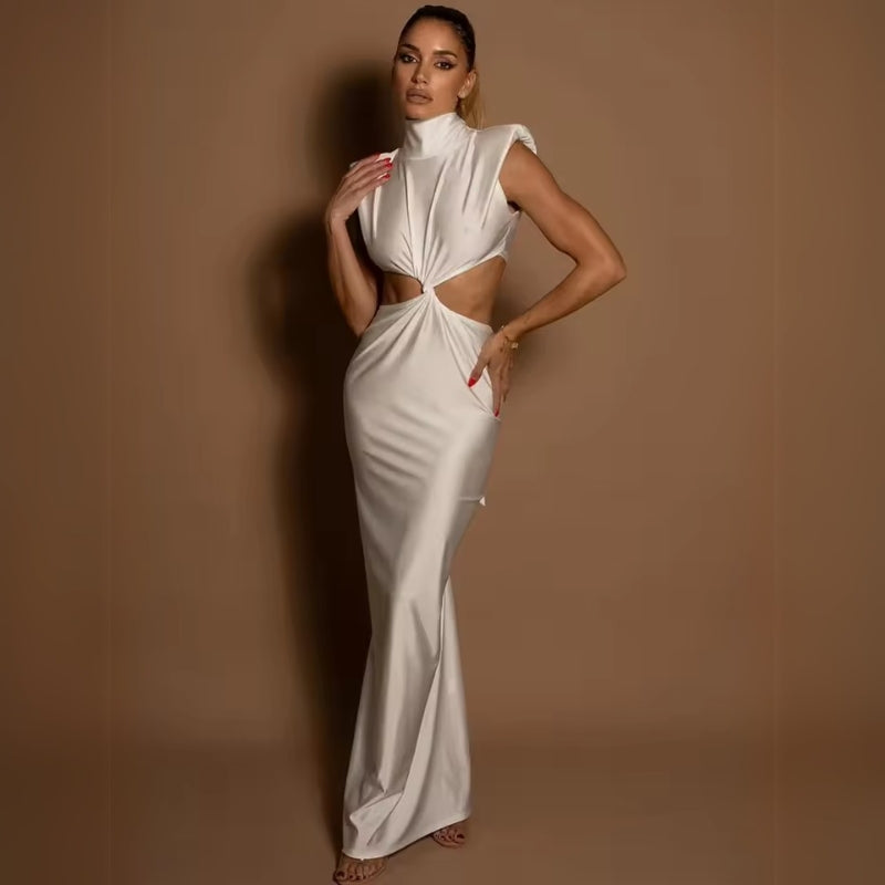 Olive green satin maxi dress sculpted silhouette precision-cut formal gown for modern women