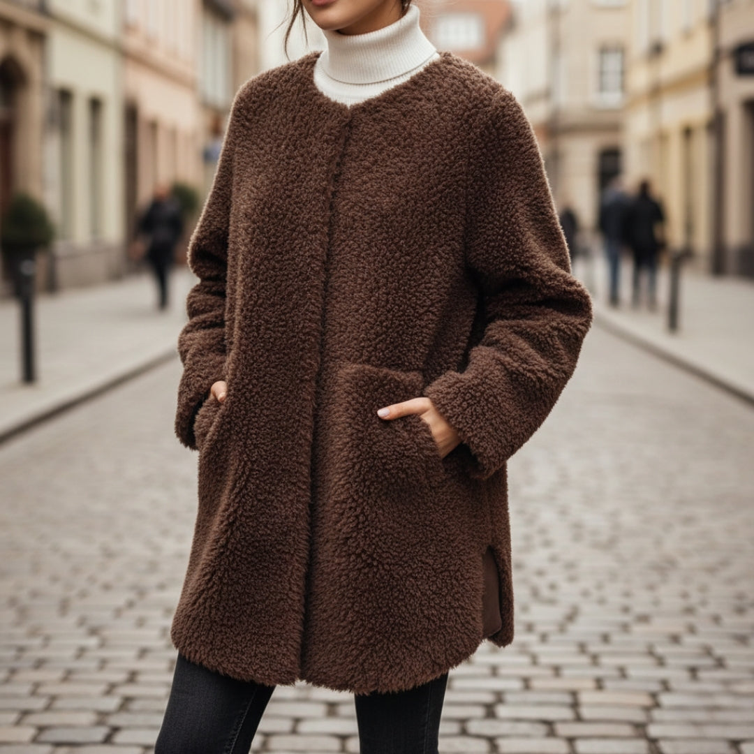 Oversized sherpa faux fur jacket women cream white cozy winter outerwear relaxed layering silhouette