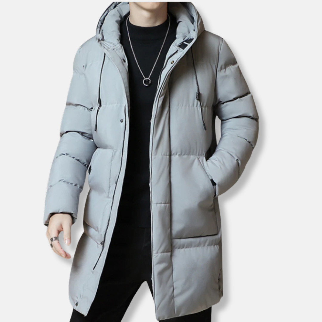 Men's black quilted puffer jacket hooded mid-thigh relaxed fit nylon cold weather coat