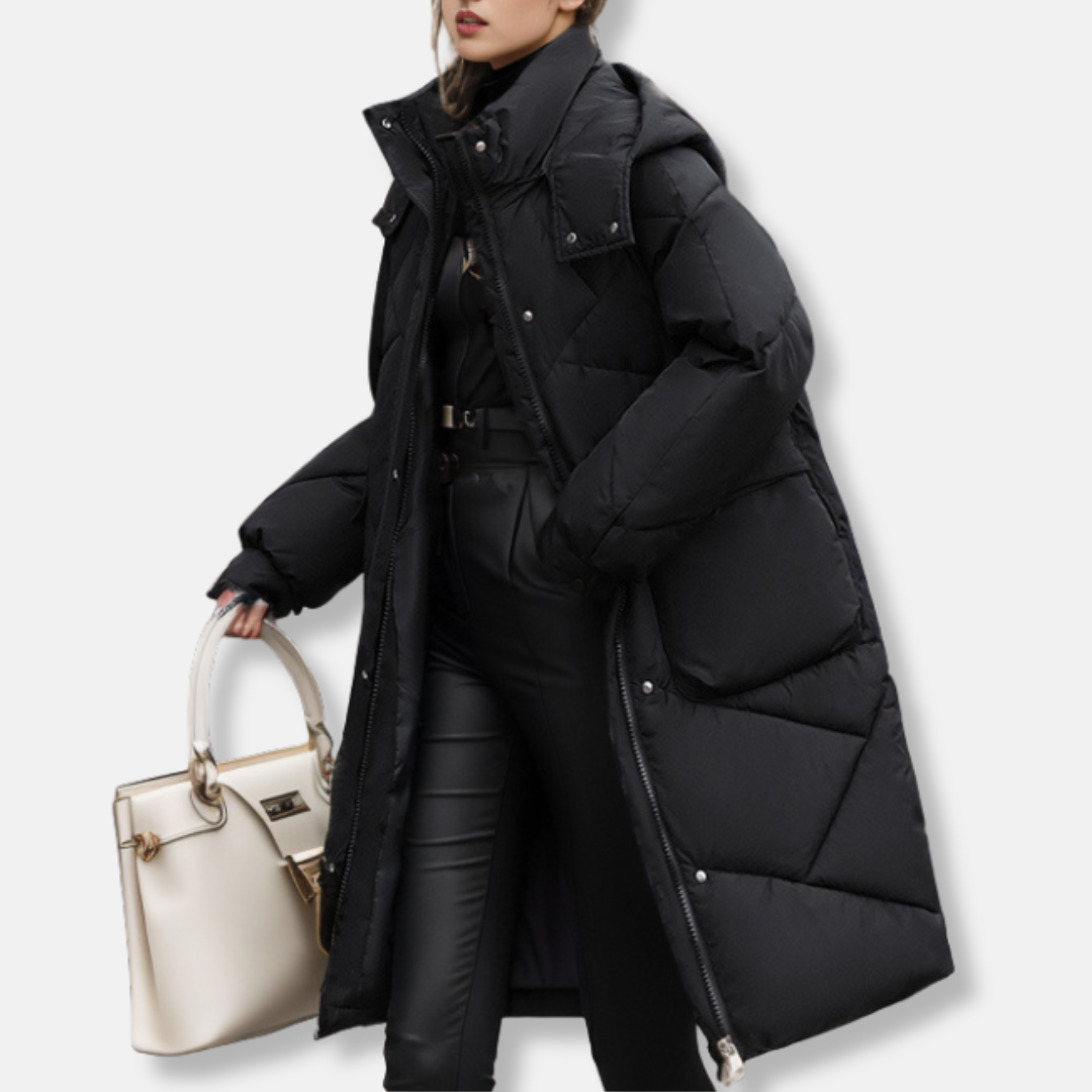 Women's black quilted maxi coat oversized fit high collar hood cold weather winter warmth
