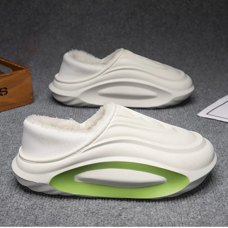 Wave fleece slip-on slide sneaker with sculpted shell and plush fleece-lined interior for home comfort