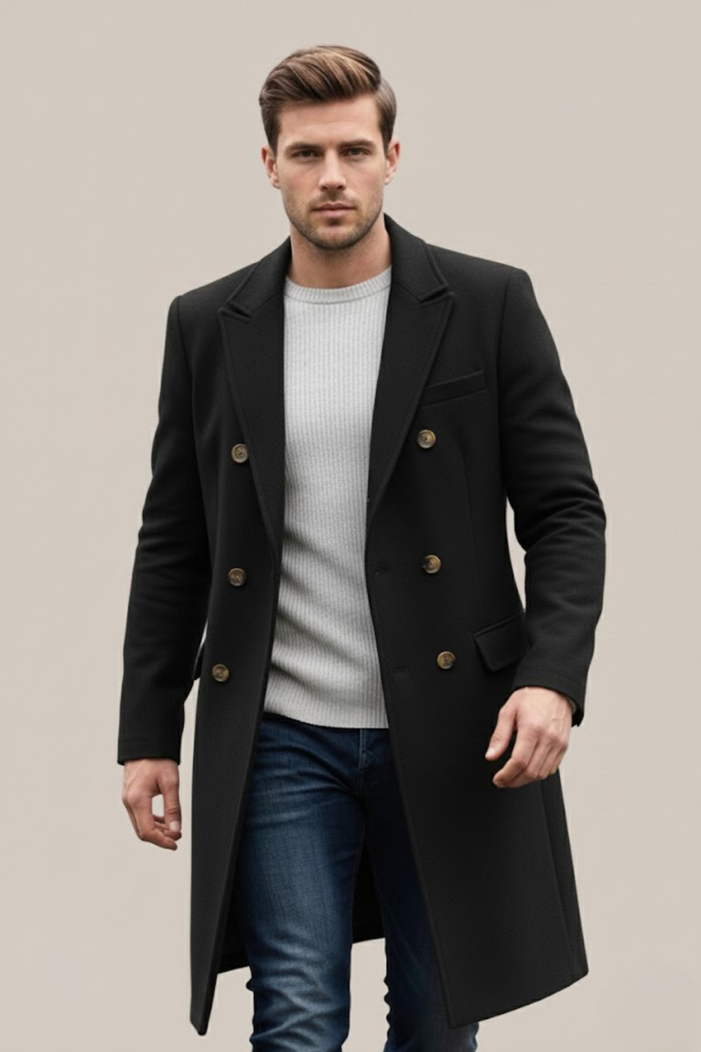 Men's dark double-breasted long coat tailored silhouette with structured lapels for formal wear