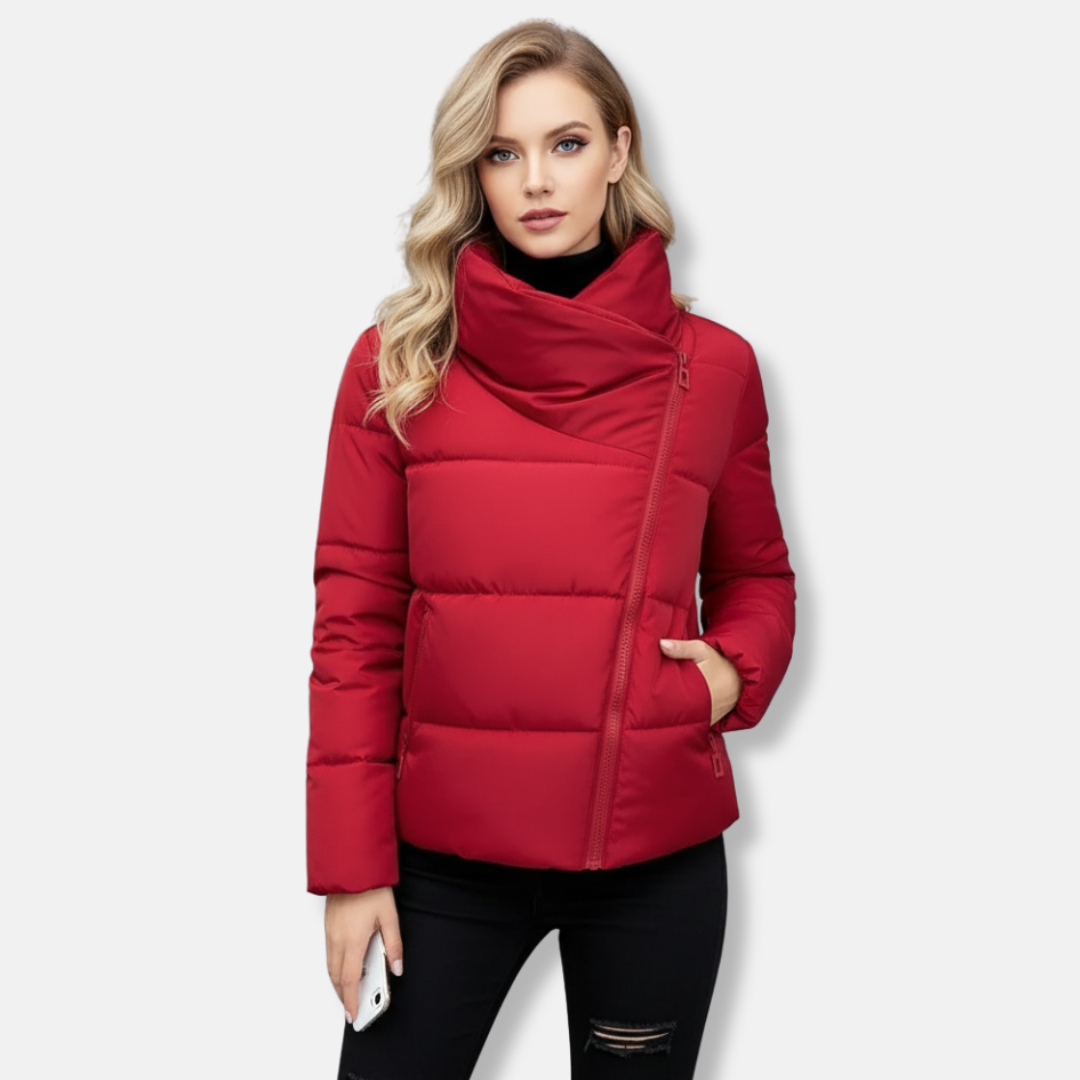 Women's black quilted padded coat funnel neck asymmetric zip regular fit winter outerwear