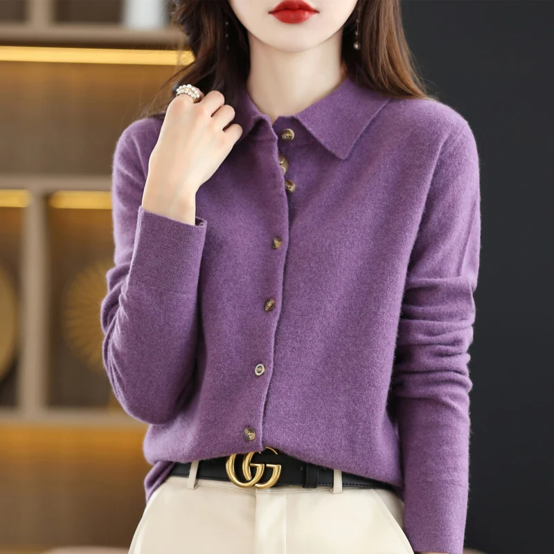 Women's soft knit button-up top tailored silhouette with distinctive tortoiseshell buttons