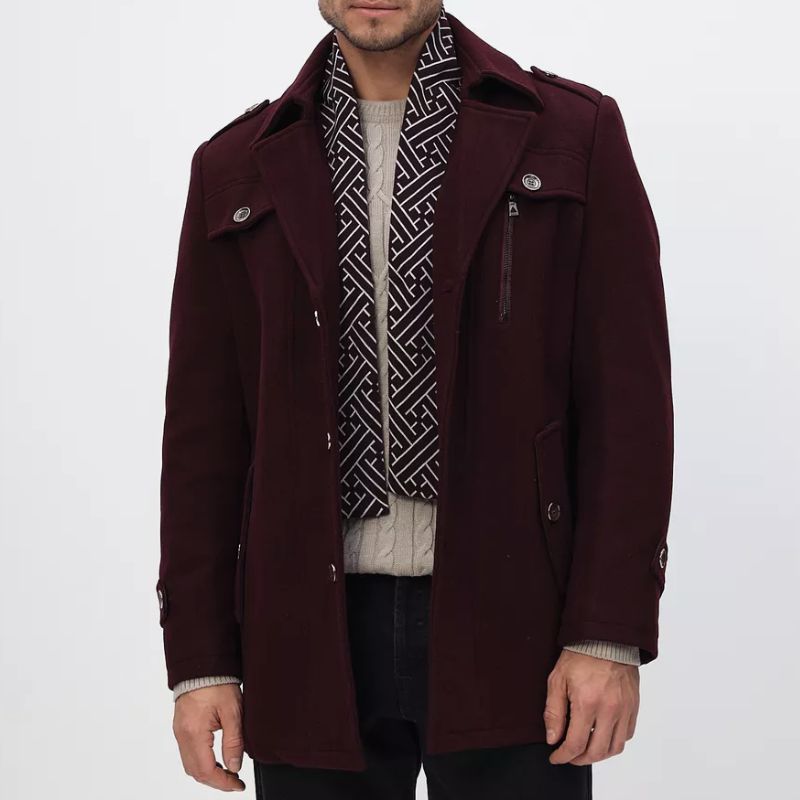Charcoal wool blend overcoat with detachable scarf, tailored fit for stylish professionals