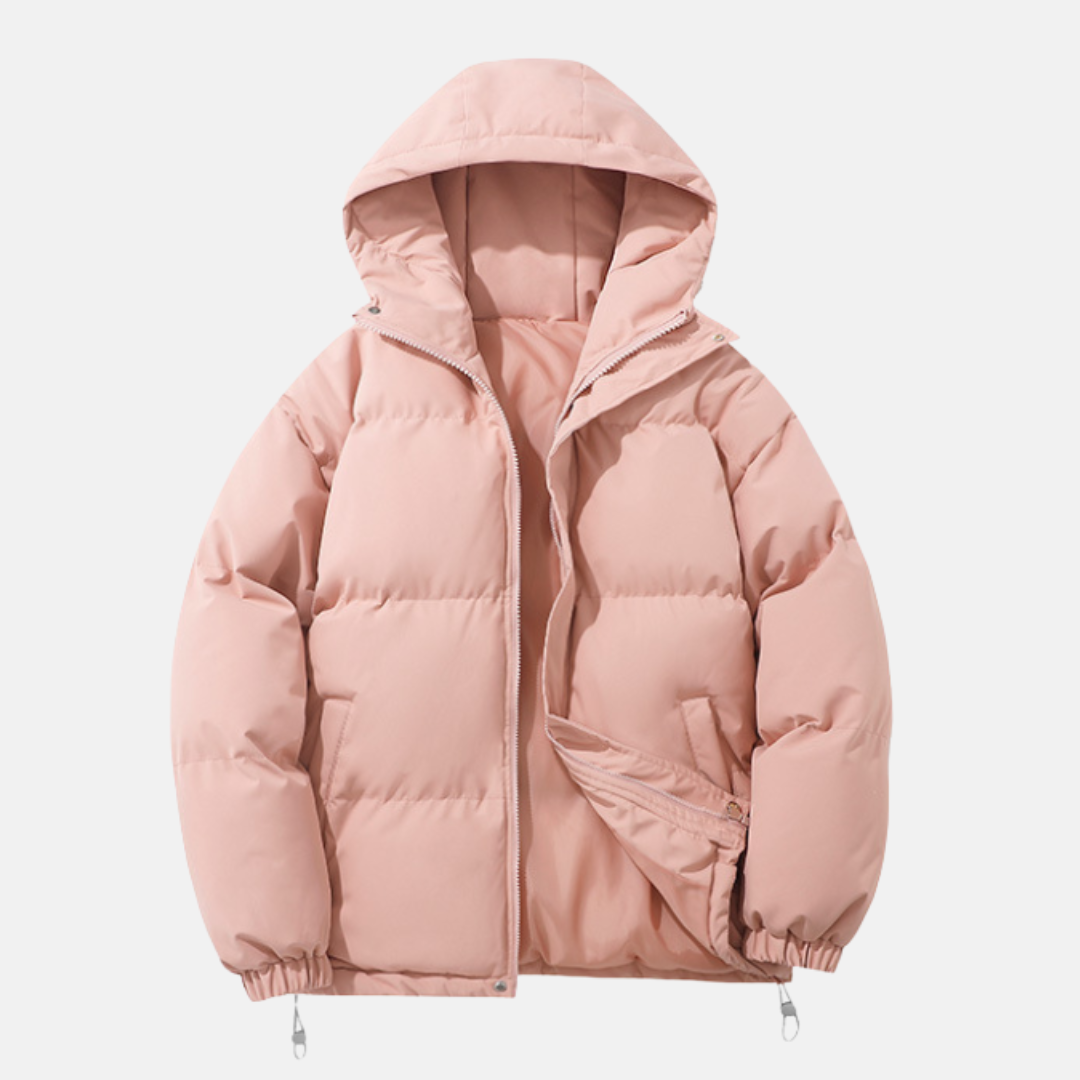 Men's insulated hip-length puffer coat with attached hood and elastic hem for urban cold-weather style