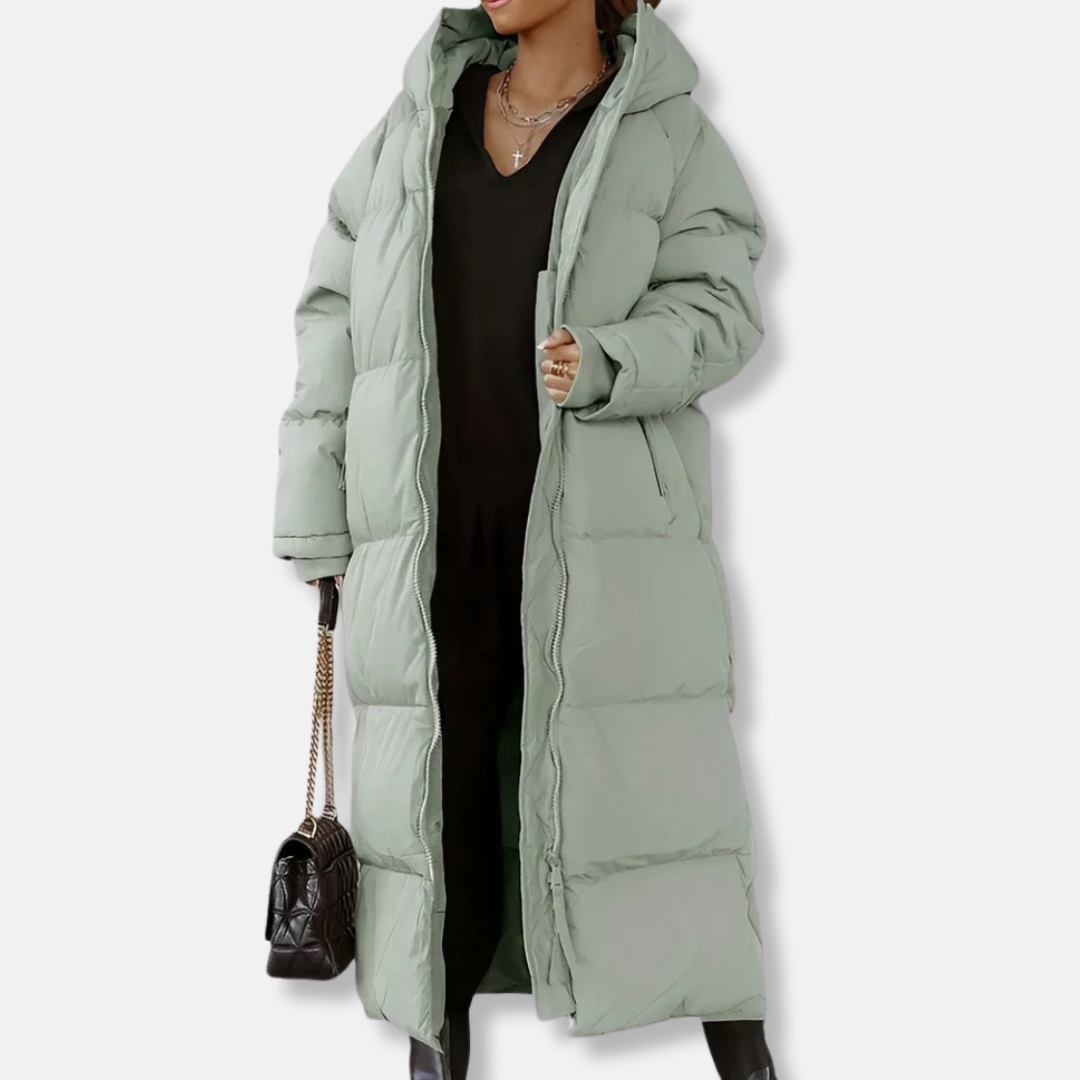 Women's oversized quilted padded long coat with hood and full zip closure, winter outerwear