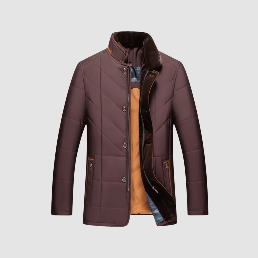 Brown unisex quilted jacket with soft velvet collar, casual-elegant everyday layering piece
