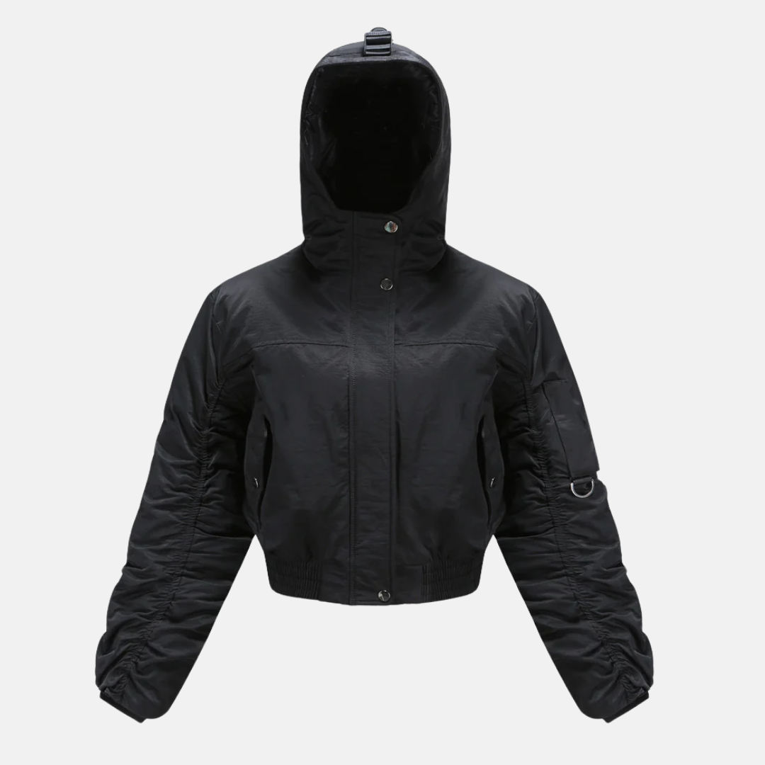 Women's cropped hooded puffer coat with ribbed cuffs, padded insulation for urban winter warmth