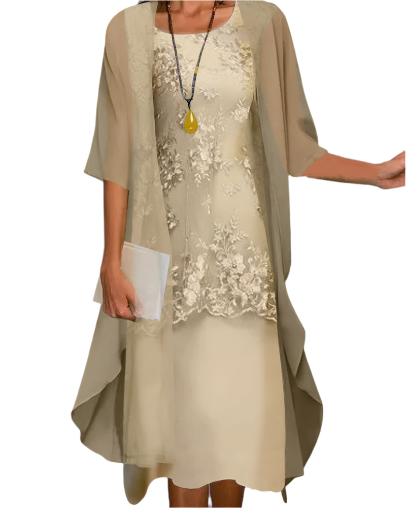 Ivy women midi dress sheer sleeves lace overlay flowing silhouette elegant wedding guest style