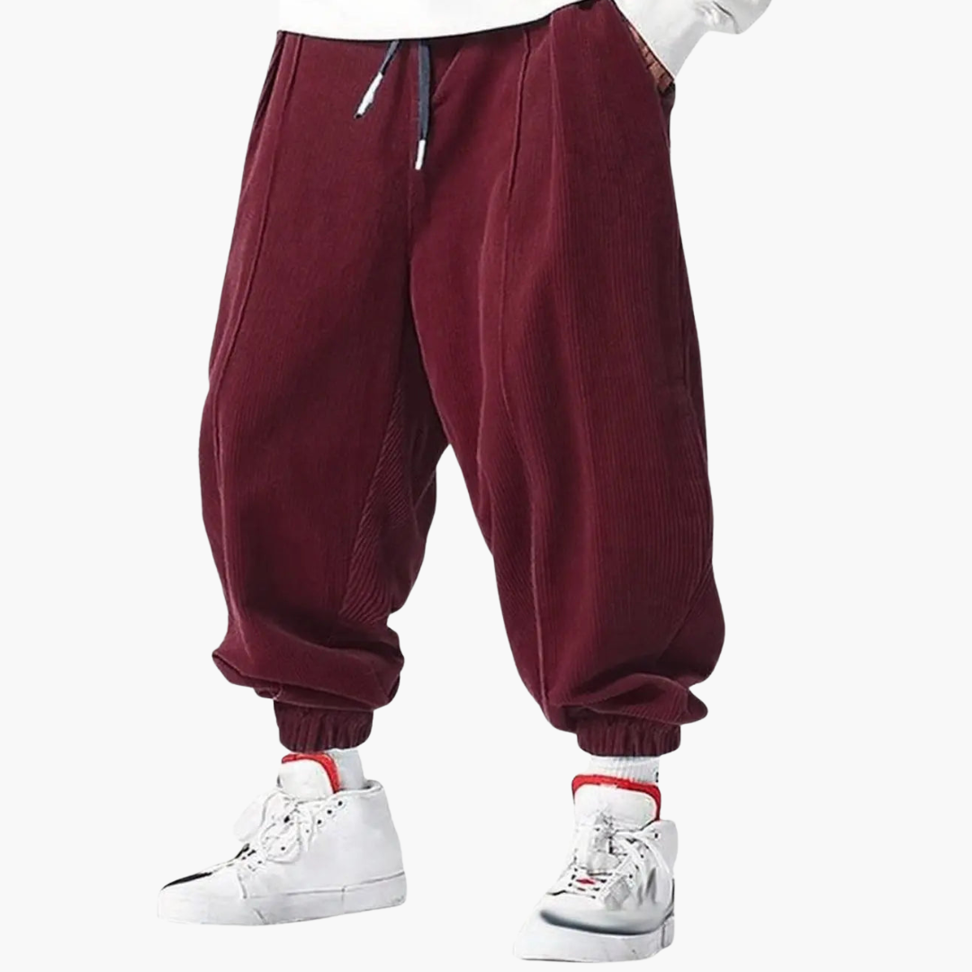 Men's brown corduroy straight-leg pants with elastic drawstring waistband and cuffed hem