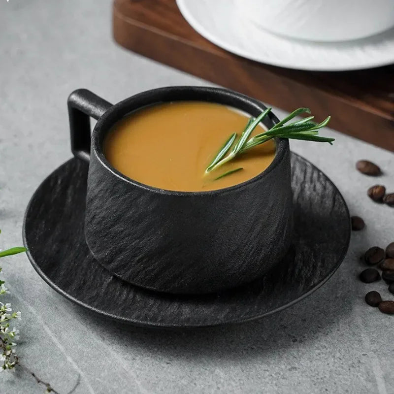 Kaizen stoneware cup set 250ml sand texture architectural handle minimalist coffee tea saucer