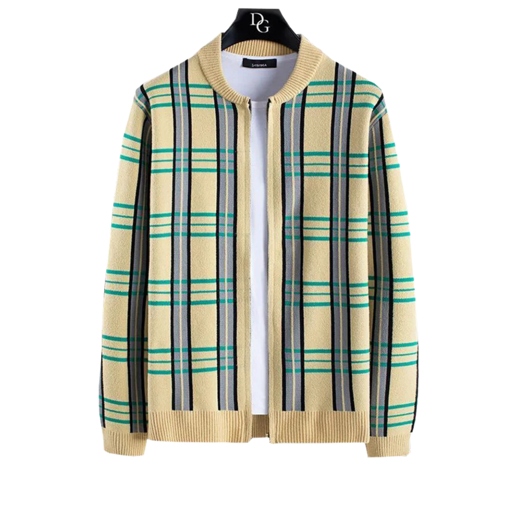 Men's plaid knit cardigan full-zip heavyweight wool-blend tailored fit with bold vertical pattern