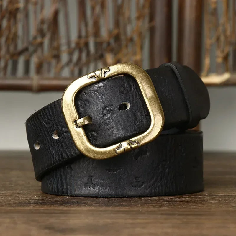 Men's brown leather nautical belt embossed anchors sailboats antique copper buckle maritime style