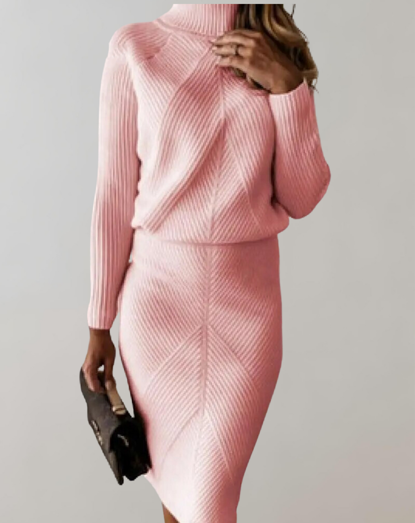 Women's ribbed knit turtleneck sweater and pencil skirt two-piece set, monochrome elegant comfort