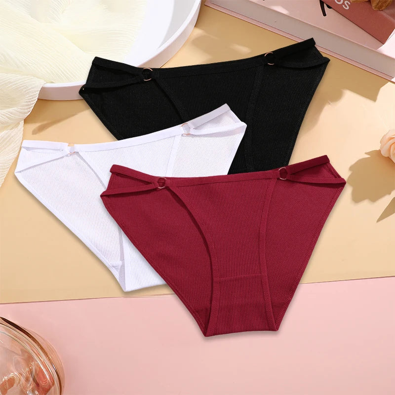 Women's ribbed cotton double strap panties set with hip ring detailing in neutral tones